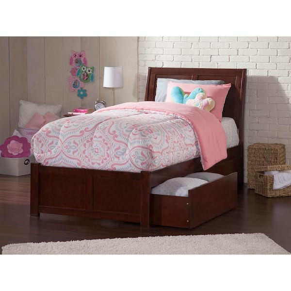 AFI Portland Walnut Twin XL Solid Wood Storage Platform Bed with Flat Panel Foot Board and 2 Bed Drawers