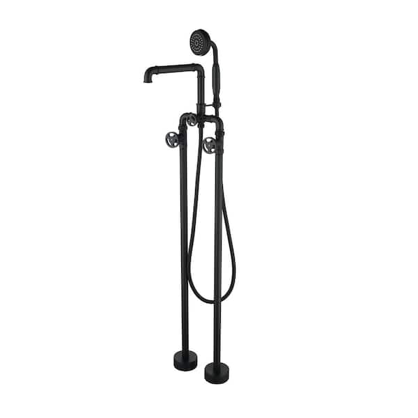 FLG 2-Handle Freestanding Tub Faucet with Hand Shower Brass Claw Foot Tub Filler in Matte Black