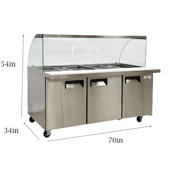 70 in. W 15.5 cu. ft. NSF Commercial Cold Food Table Refrigerator with Sneeze Guard in Stainless-Steel