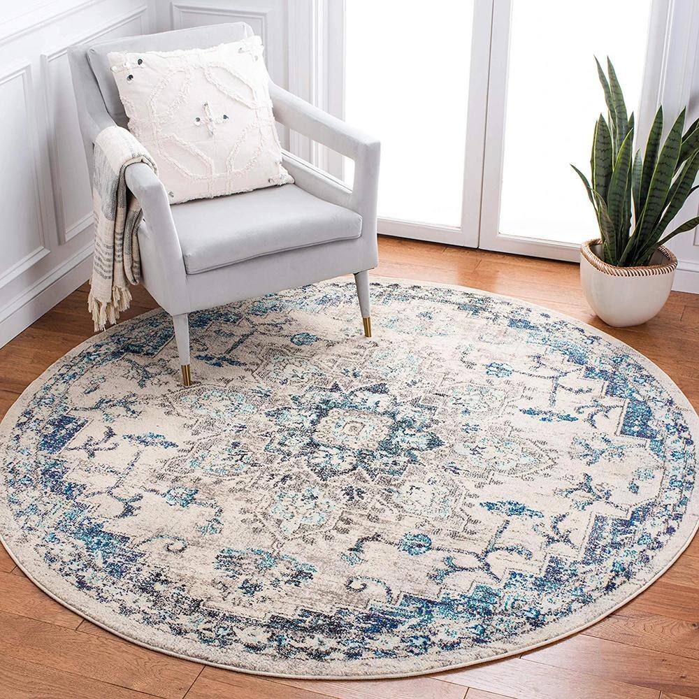 Light Grey and Blue Round Synthetic Reversible Rug