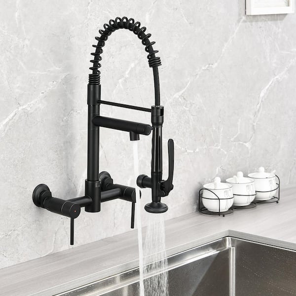 Wall Mount Double Handle Bridge Kitchen Faucet with High Pressure Sprayer in Matte Black
