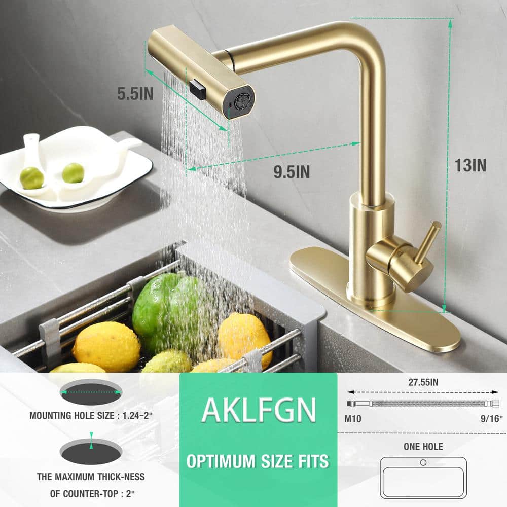 Brushed Gold Stainless Steel High-Arc Kitchen Faucet with Pull-Out Spray