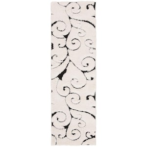 Florida Shag Ivory/Black 2 ft. x 7 ft. Floral Runner Rug