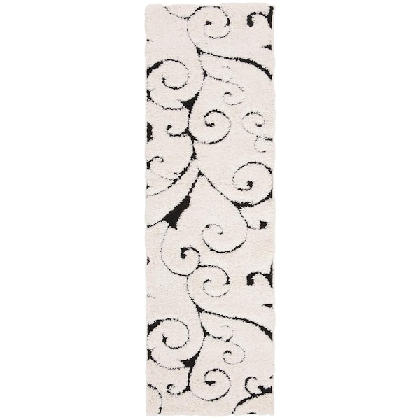 SAFAVIEH Florida Shag Ivory/Black 2 ft. x 7 ft. Floral Runner Rug