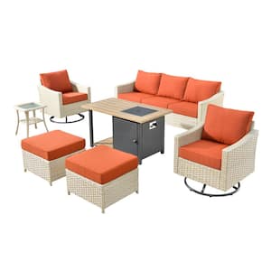 Oconee 7-Piece Wicker Patio Conversation Sofa Set with Swivel Rocking Chairs, a Storage Fire Pit and Orange Red Cushions