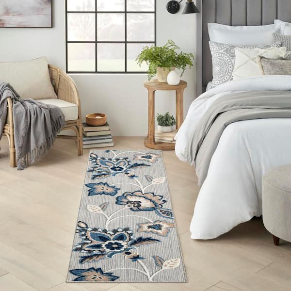 Aloha Blue Grey 2 ft. x 6 ft. Botanical Contemporary Indoor/Outdoor Runner Area Rug