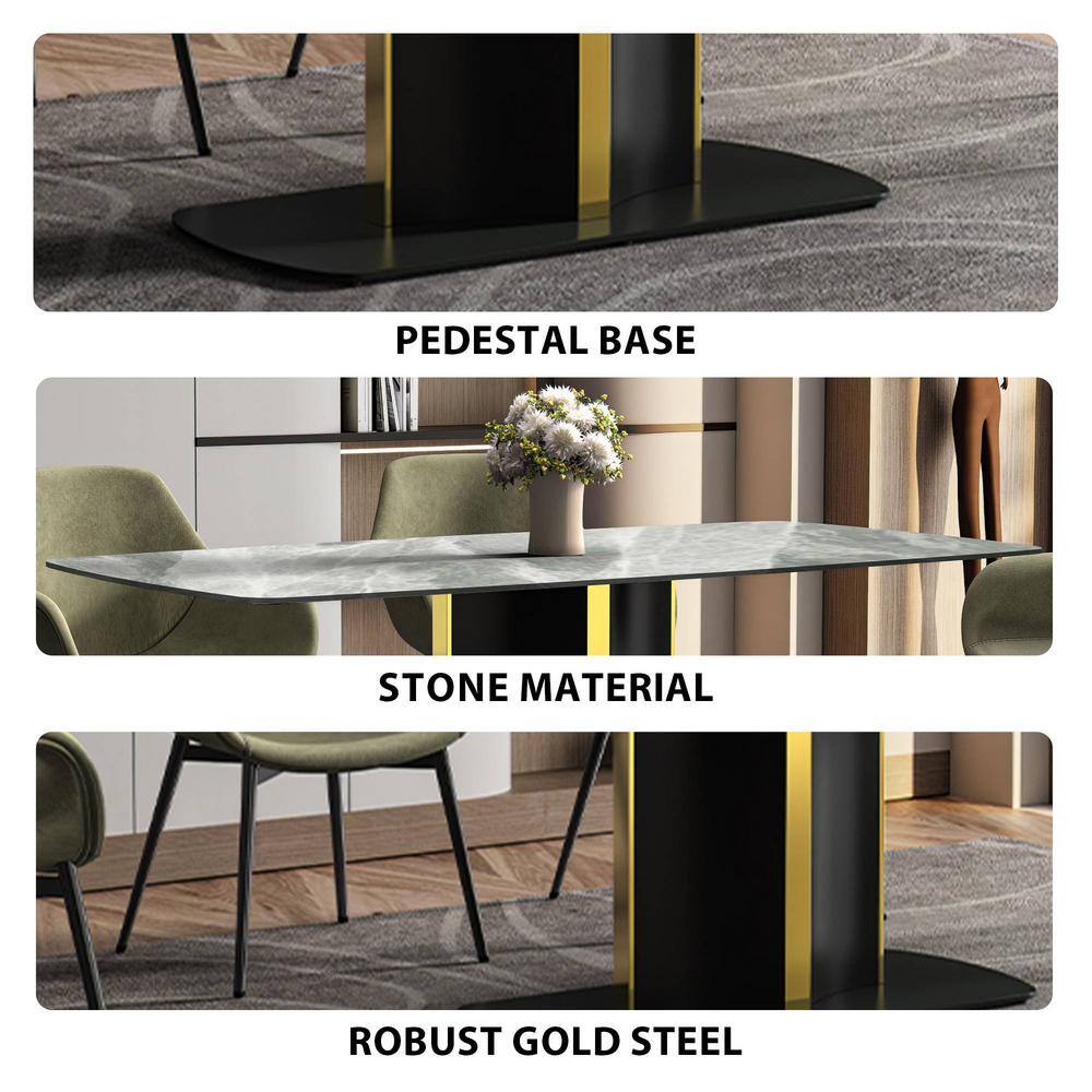 Sylva 71" Light Grey Glass Top Dining Table with Black and Gold Steel Base