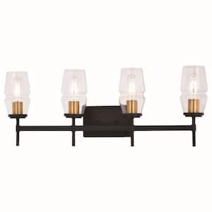 Warren 30 in. W 4-Light Black and Brass Mid Century Modern Bathroom Wall Vanity Light Fixture Clear Glass