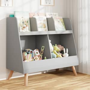 32.68 in. W Grey 2-Tier Storage Wooden Kids Bookshelf with Cubbies and Bookrack for Kids Room or Nursery