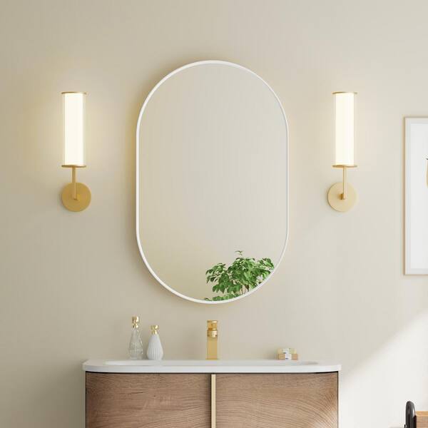 ANGELES HOME 20 in. W x 32 in. H Oval Anodized Aluminum Framed Wall Bathroom Vanity Mirror in White Vertical Hangs