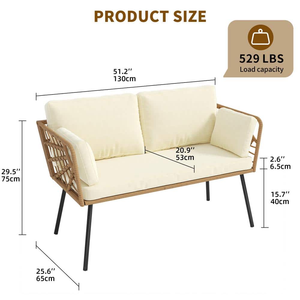 Beige Wicker and Iron Two-Seat Patio Sectional Sofa