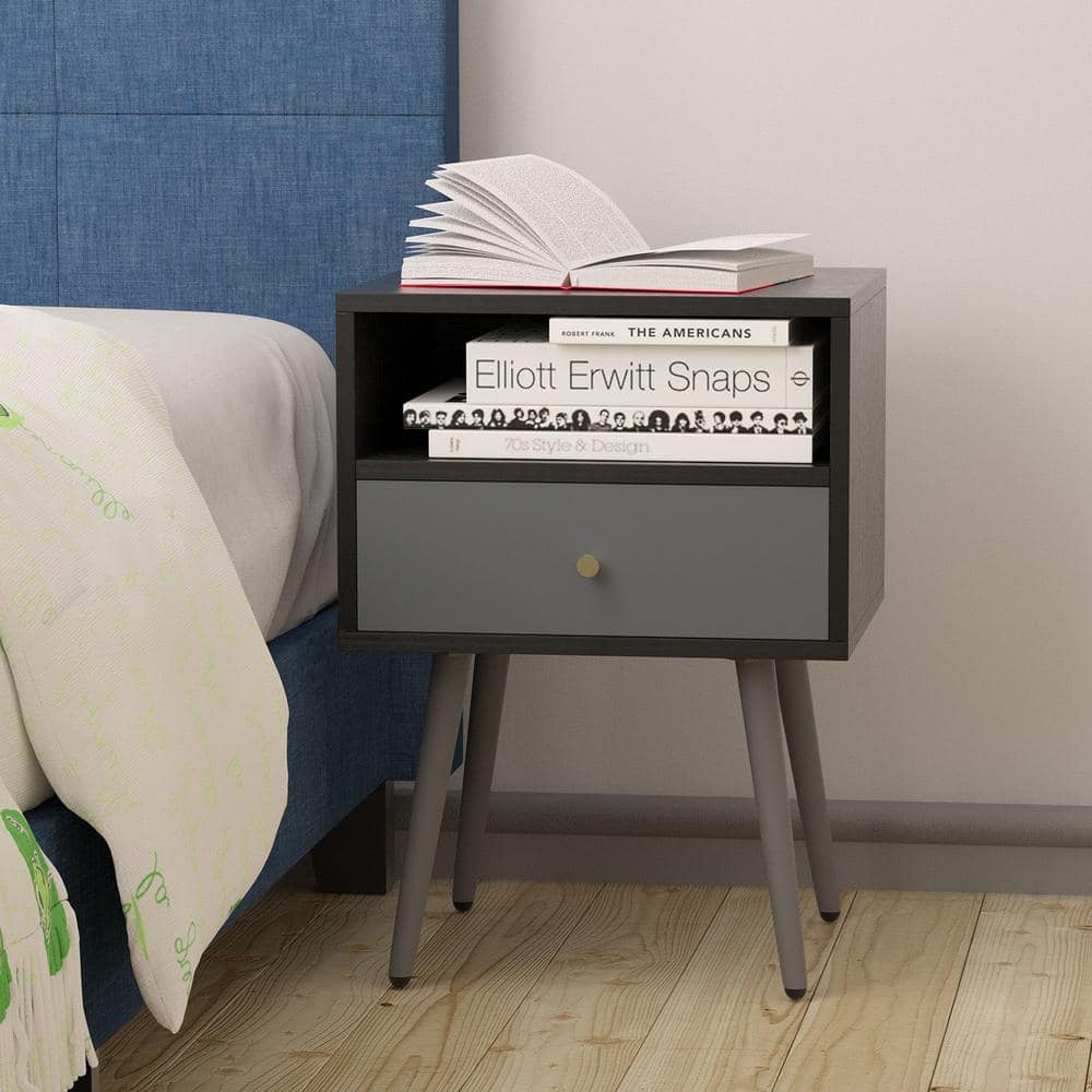 1-Storage Drawer Dark Gray Set of 1 Nightstand with Shelf, 21.50 in. H x 13.70 in. W x 15.60 in. D -  ANBAZAR, WJZ-017-A