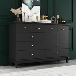 Black 10-Drawers Wood Double Chest of Drawer 55.1 in. W x 15.7 in. D x 35.4 in. H Dresser Organizer