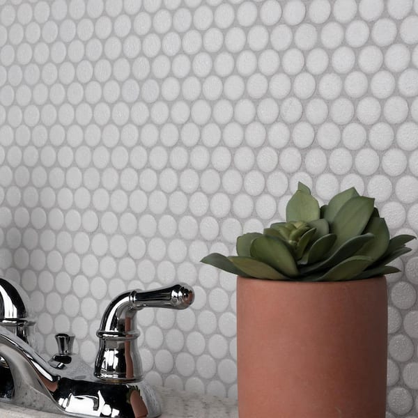 Hudson Penny Round Crystalline White 12 in. x 12-5/8 in. Porcelain Mosaic Tile (10.7 sq. ft./Case)