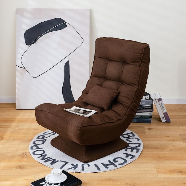 Costway 360-Degree Swivel Brown Polyester Floor Chair 5-Level Adjustable Lazy Chair with Massage Pillow Chaise Lounge