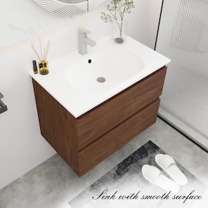 30 in. W x 18 in. D x 20.25 in. H Single Sink Wall Bath Vanity in Brown Oak with White Ceramic Top