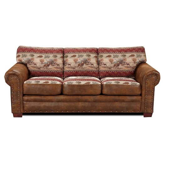 American Furniture Classics Deer Valley Lodge 90 in. Round Arm 3-Seater Sofa with Nailhead Trim in Brown