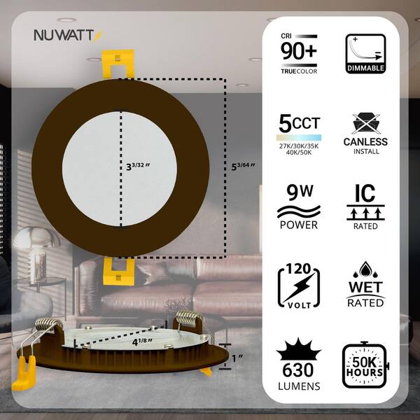 NUWATT 4 Inch 2 Hour FIRE Rated Ultra-Thin LED Recessed Light, 2700K