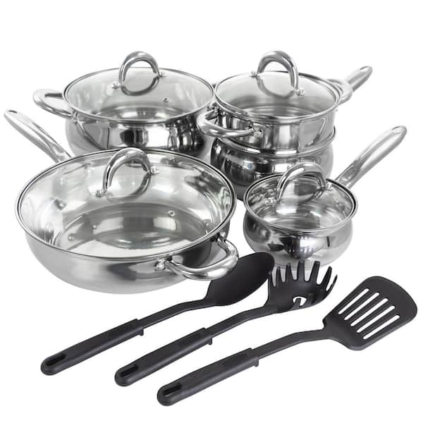 Silver Gibson Home Abruzzo 12 Piece Stainless Steel Cookware Set Open Box 