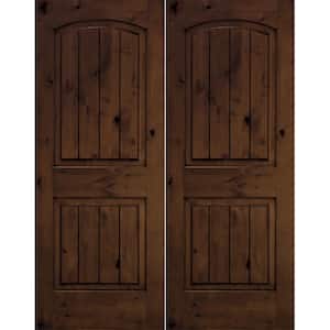60 in. x 96 in. Rustic Knotty Alder Arch Top Provincial Stain/V-Groove Left-Hand Wood Double Prehung Front Door