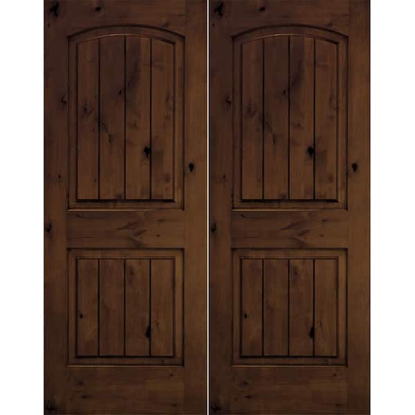 Krosswood Doors 60 in. x 96 in. Rustic Knotty Alder Arch Top Provincial Stain/V-Groove Right-Hand Wood Double Prehung Front Door