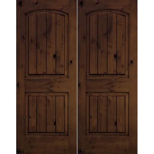 Krosswood Doors 72 in. x 96 in. Rustic Knotty Alder Arch Top Provincial Stain/V-Groove Right-Hand Wood Double Prehung Front Door
