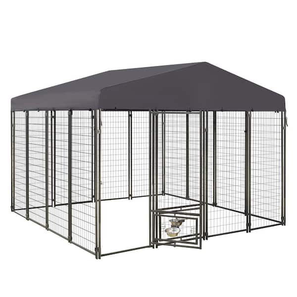 VEIKOUS 10 ft. x 10 ft. Outdoor Dog Cage Fence with Cover and Rotating Feeding Door