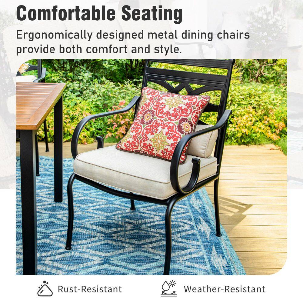 Black Steel Arm Dining Chairs with Beige Cushions, Set of Two