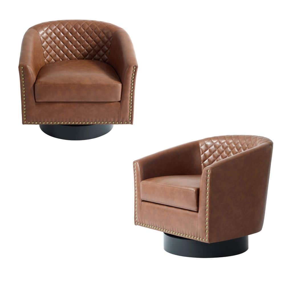Mid-Century Brown PU Leather 360° Swivel Accent Arm Chair with Nailhead Trim (Set of 2)