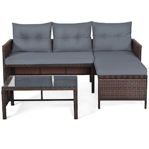 3-Pieces Rattan Outdoor Furniture Set Patio Couch Sofa Set with Grey Cushion
