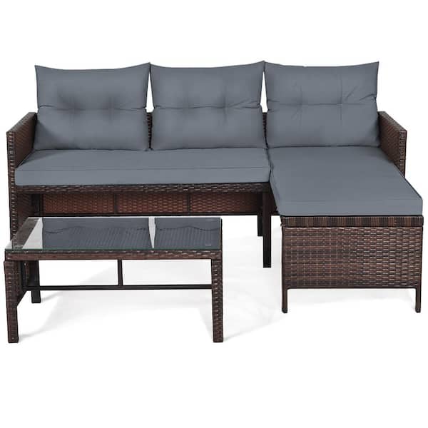 Gymax 3-Pieces Rattan Outdoor Furniture Set Patio Couch Sofa Set with Grey Cushion