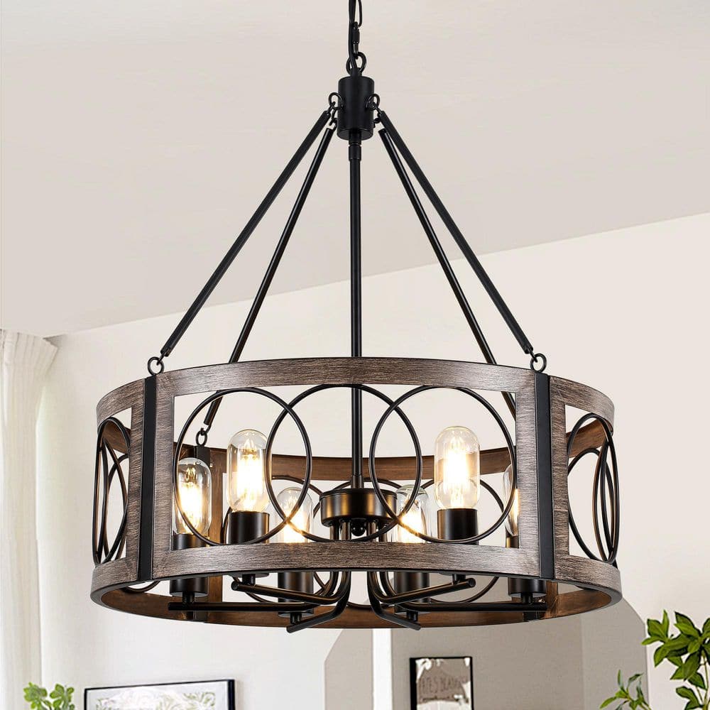 6-Light Black & Imitation Wood Grain Farmhouse Round Drum Height Adjustable Chandelier for Entryway Kitchen Island Foyer price history on PriceWatchPro