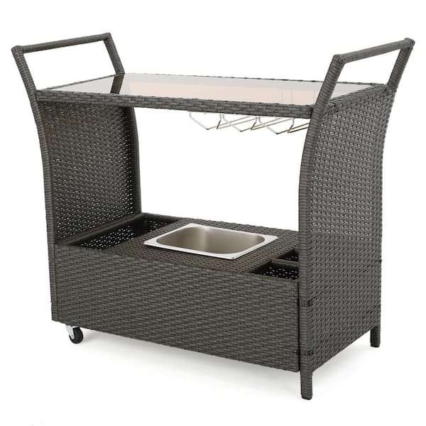 Unbranded Wicker Bar Serving Cart with 2 Wheels, Removable Ice Bucket Bin, Wine Glass Rack, Storage Space