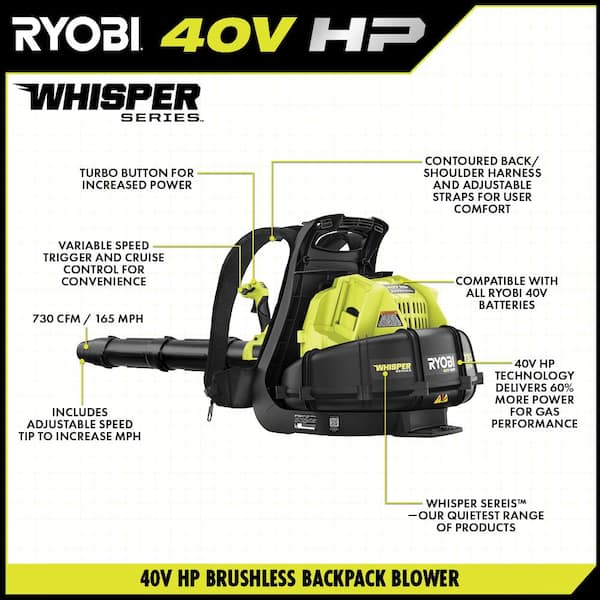 40V HP BRUSHLESS WHISPER SERIES 730 CFM BLOWER - RYOBI Tools