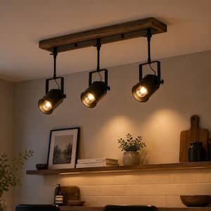 3-Light 2.05 ft. Matte Black Rustic Wood Hard Wired Gimbal Head Track Lighting Kit with Adjustable Rotatable Spotlight