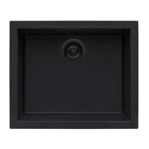 EpiGranite 23 in. Undermount Single Bowl Midnight Black Granite Quartz Composite Kitchen Sink with Accessories