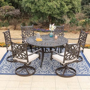 Brown 7-Piece Cast Aluminum Patio Outdoor Dining Set with Round Table and Swivel Chairs with Beige Cushion