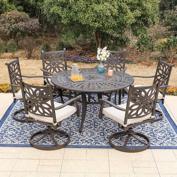 PHI VILLA Brown 7-Piece Cast Aluminum Patio Outdoor Dining Set with Round Table and Swivel Chairs with Beige Cushion