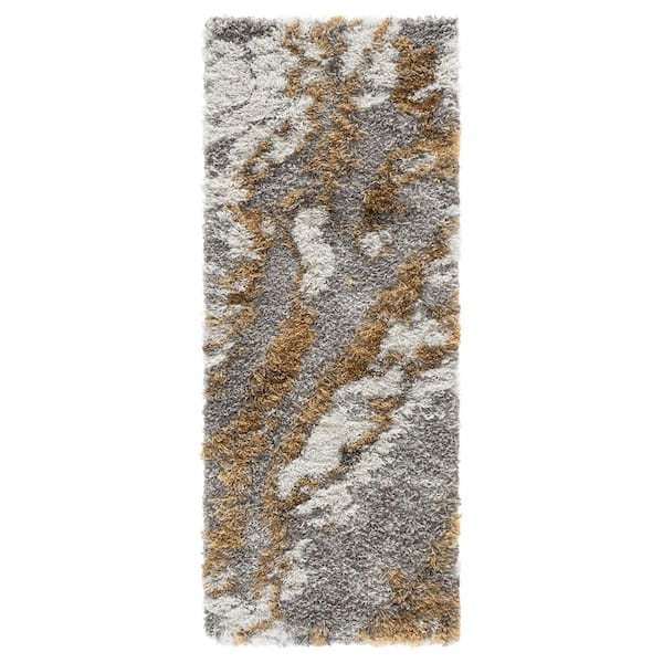 Horizon Shag 2 ft. x 5 ft. Gray/Gold Abstract Marble Runner Rug