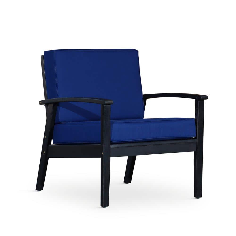 Espresso Deep Seat Eucalyptus Wood Outdoor Lounge Chair with Navy Blue Cush
