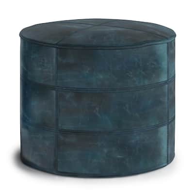 Connor Boho Round Pouf in Distressed Teal Blue Genuine Leather