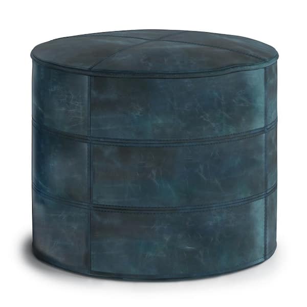 Simpli Home Connor Boho Round Pouf in Distressed Teal Blue Genuine Leather