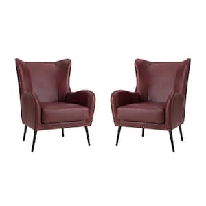 Harpocrates Modern Burgundy Wooden Upholstered Nailhead Trims Armchair With Metal Legs Set of 2