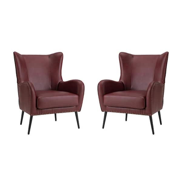 JAYDEN CREATION Harpocrates 30 in. Modern Burgundy Upholstered Faux Leather Arm Chair with Metal Legs (Set of 2)