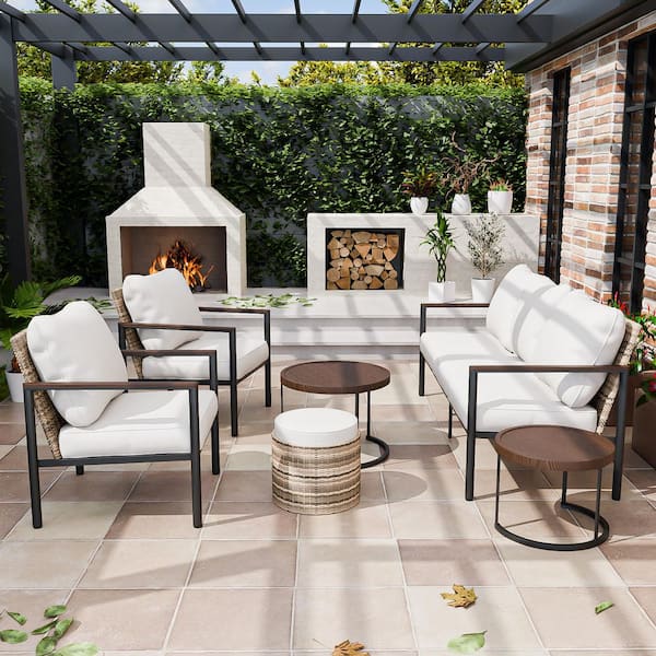 EAGLE PEAK 6-Piece Brown Rattan Wicker Outdoor Patio Conversation Set with Beige Cushions, Nesting Coffee Tabels and Ottoman