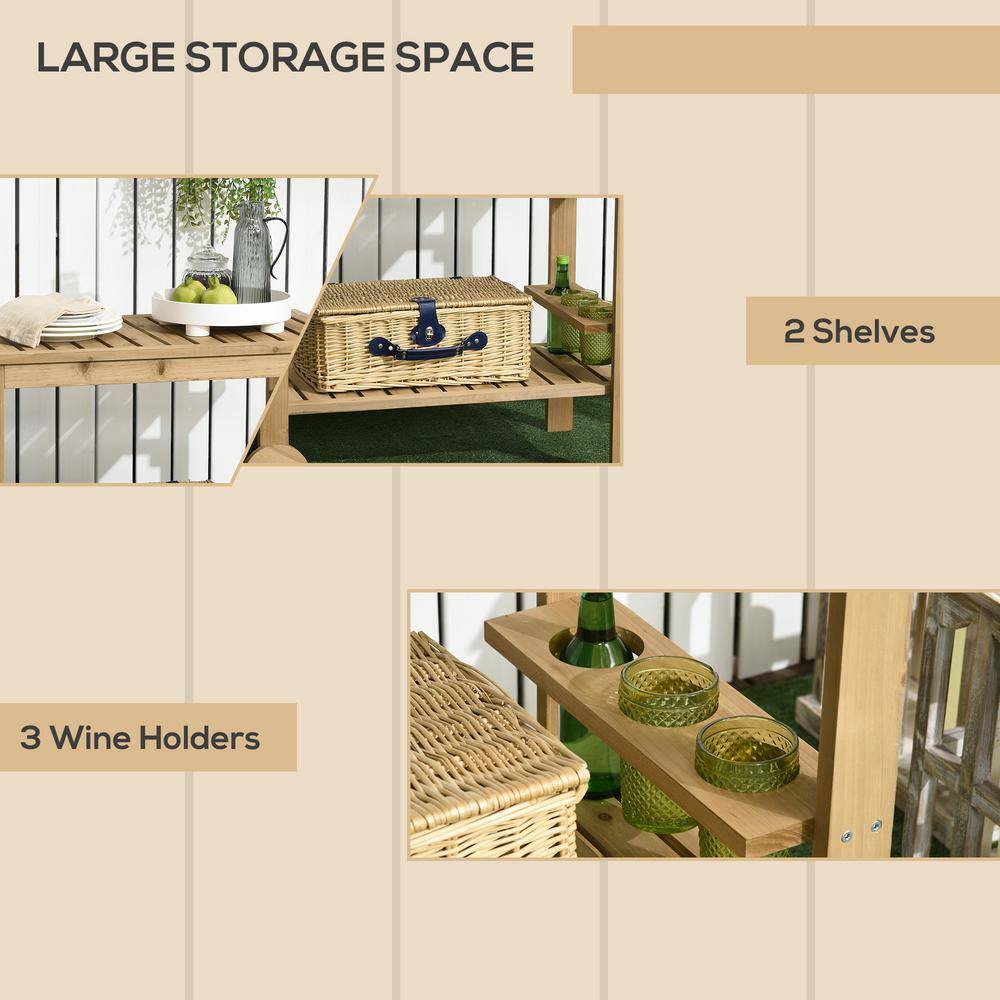 Natural Wood Outdoor Bar Cart with Wine Rack