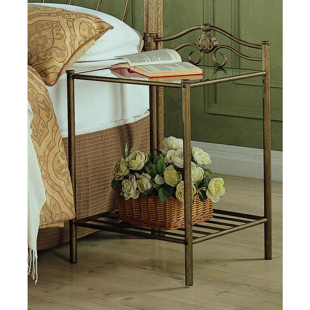 Antique Brushed Gold Metal Nightstand with Glass Top