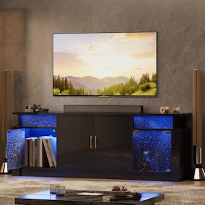 63 in. Glossy Black Stone Grain TV Stand Fits TV Up to 32 to 70 in. Entertainment Center with Cabinet LED Light
