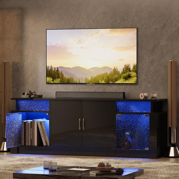 63 in. Glossy Black Stone Grain TV Stand Fits TV Up to 32 to 70 in. Entertainment Center with Cabinet LED Light
