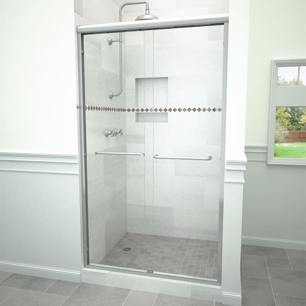 Tile Redi 48 in. W x 72 in. H Sliding Semi Frameless Shower Door in Brushed Nickel